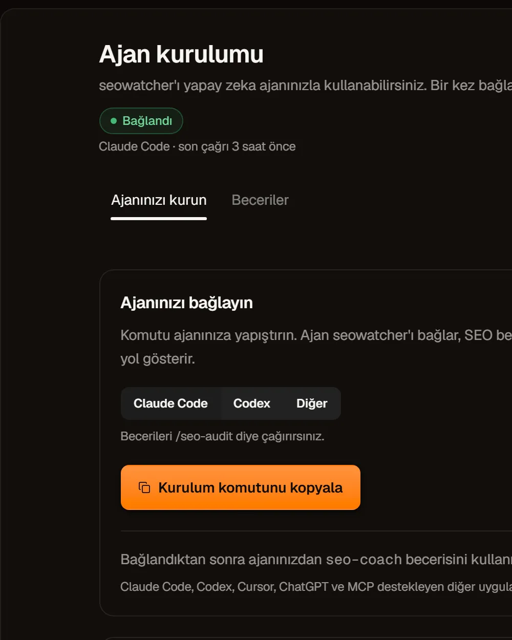 Ajan kurulumu ekranı: bağlantı adresi, parola ve kopyalanacak kurulum metni